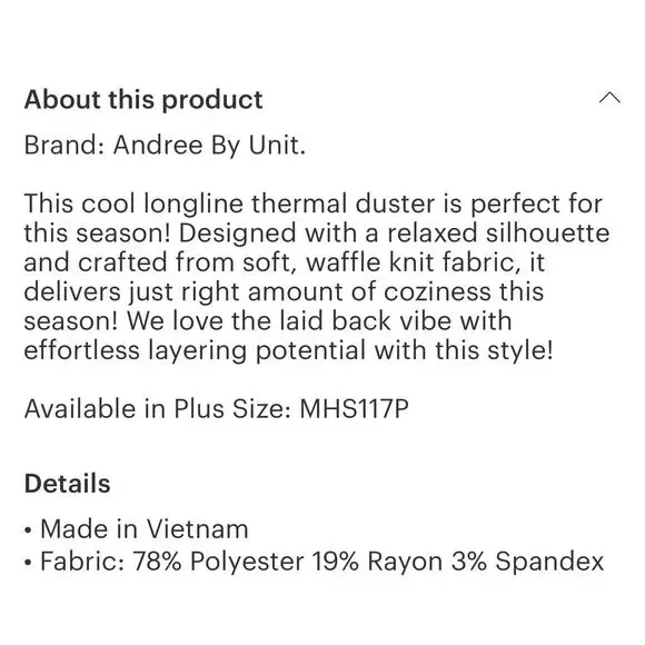 Andree by Unit - Waffle Knit Thermal Duster - Small - Picture 4 of 4